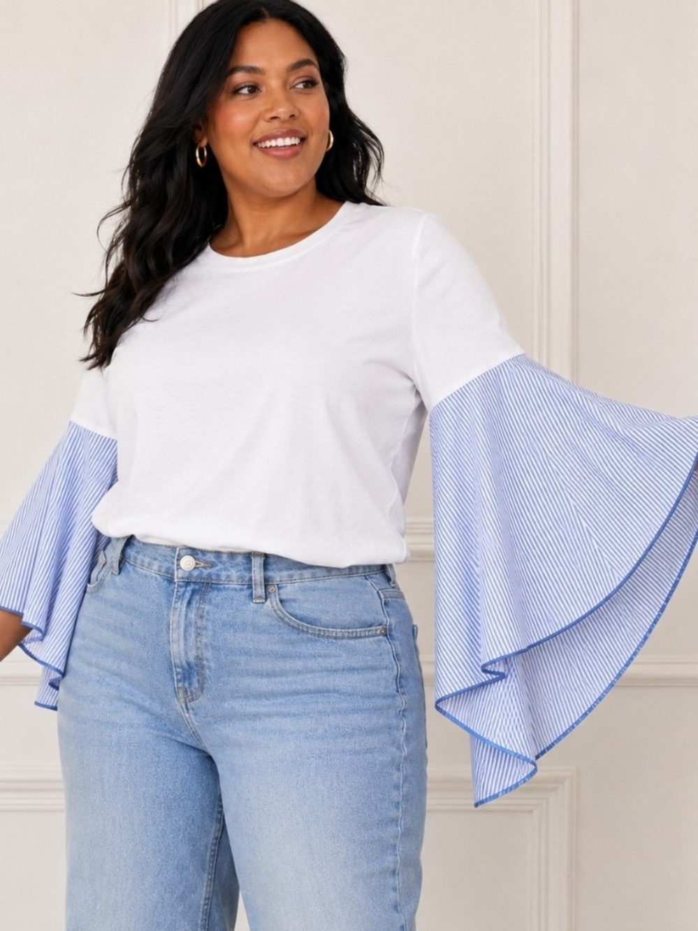 ELOQUII Top 14 White Blue Stripe Bell Sleeve Cotton Blouse NWT